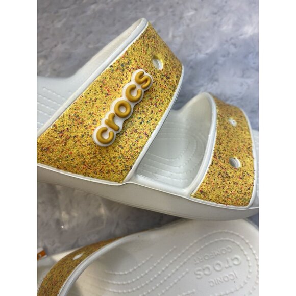CROCS Classic Glitter Sandal White/Orange Sherbet Slip On Slide Sandal Sz 8 W - Picture 4 of 8